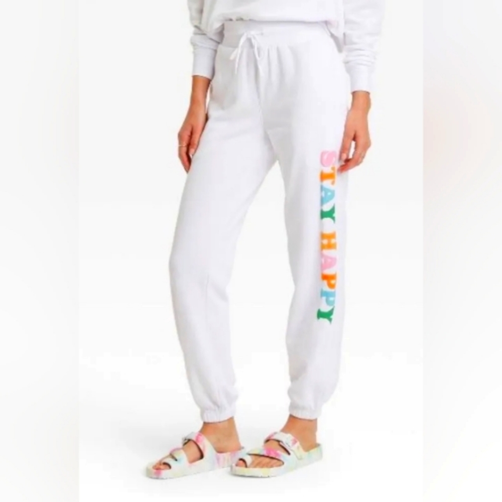 NWT "STAY HAPPY" White Jogger Sweatpants - Sz Large - Picture 1 of 1